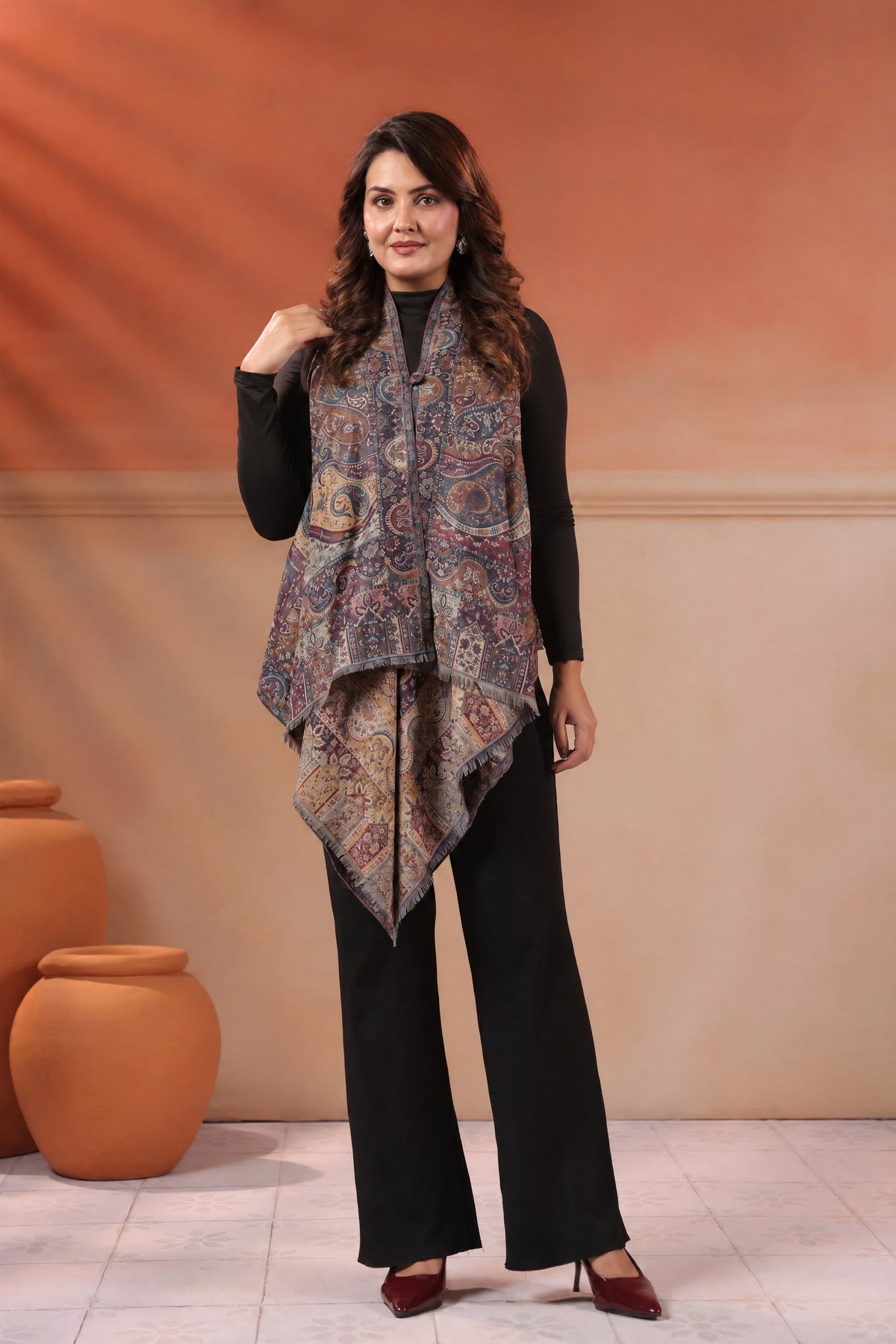 Women's Sleeveless Jamawar Pattern Shrug Cardigan | Blue Multicolour