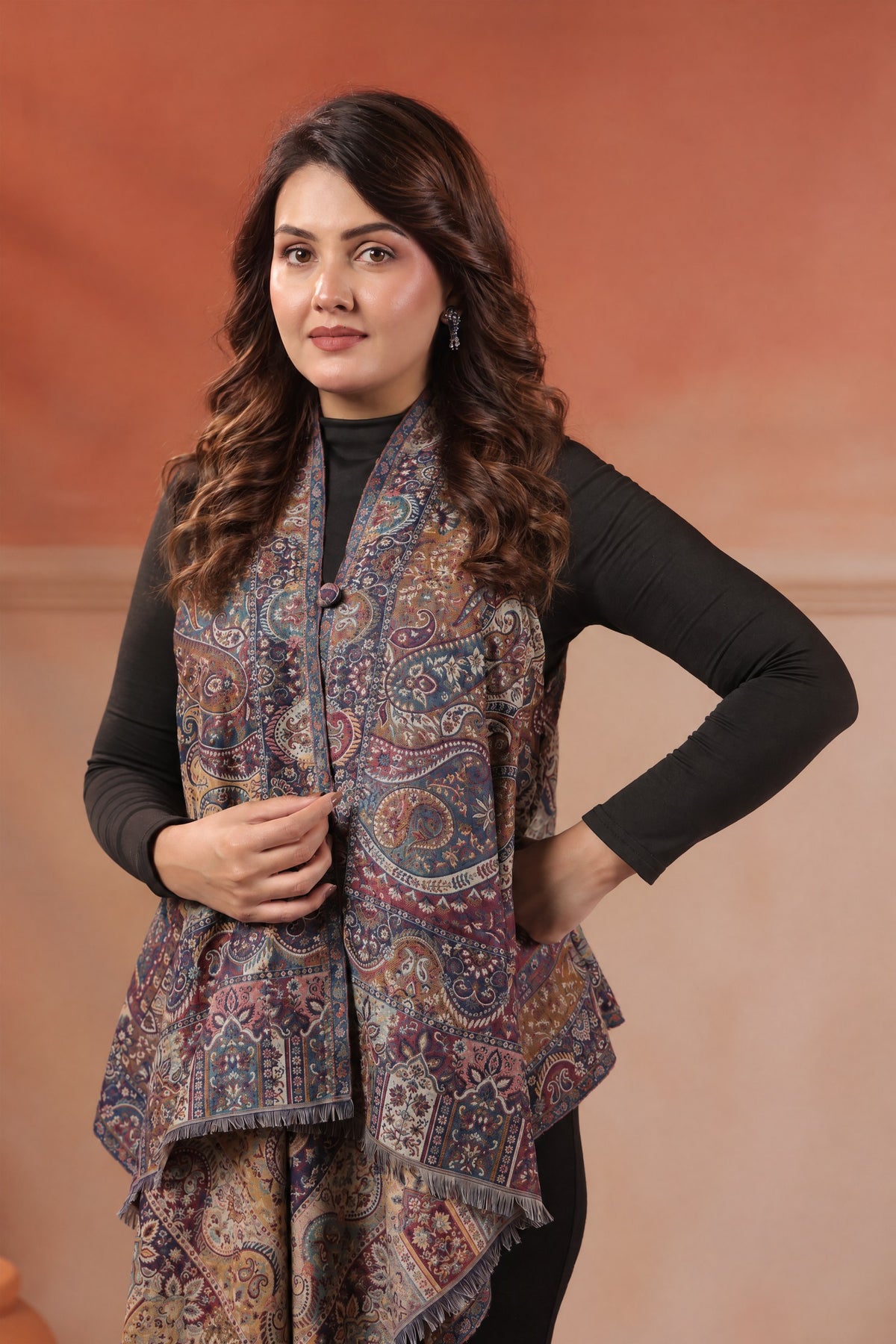 Women's Sleeveless Jamawar Pattern Shrug Cardigan | Blue Multicolour