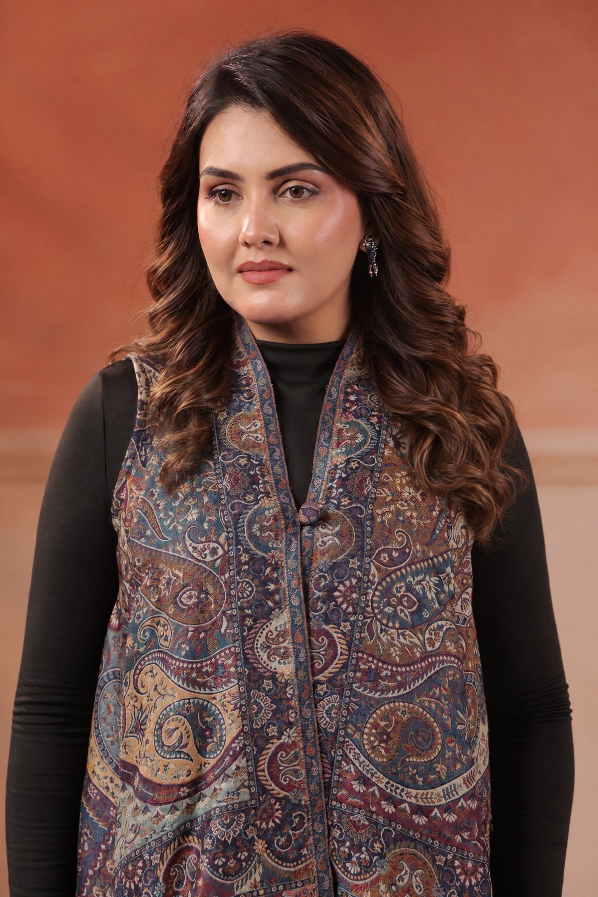 Women's Sleeveless Jamawar Pattern Shrug Cardigan | Blue Multicolour