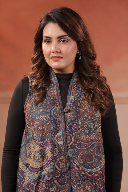Women's Sleeveless Jamawar Pattern Shrug Cardigan | Blue Multicolour