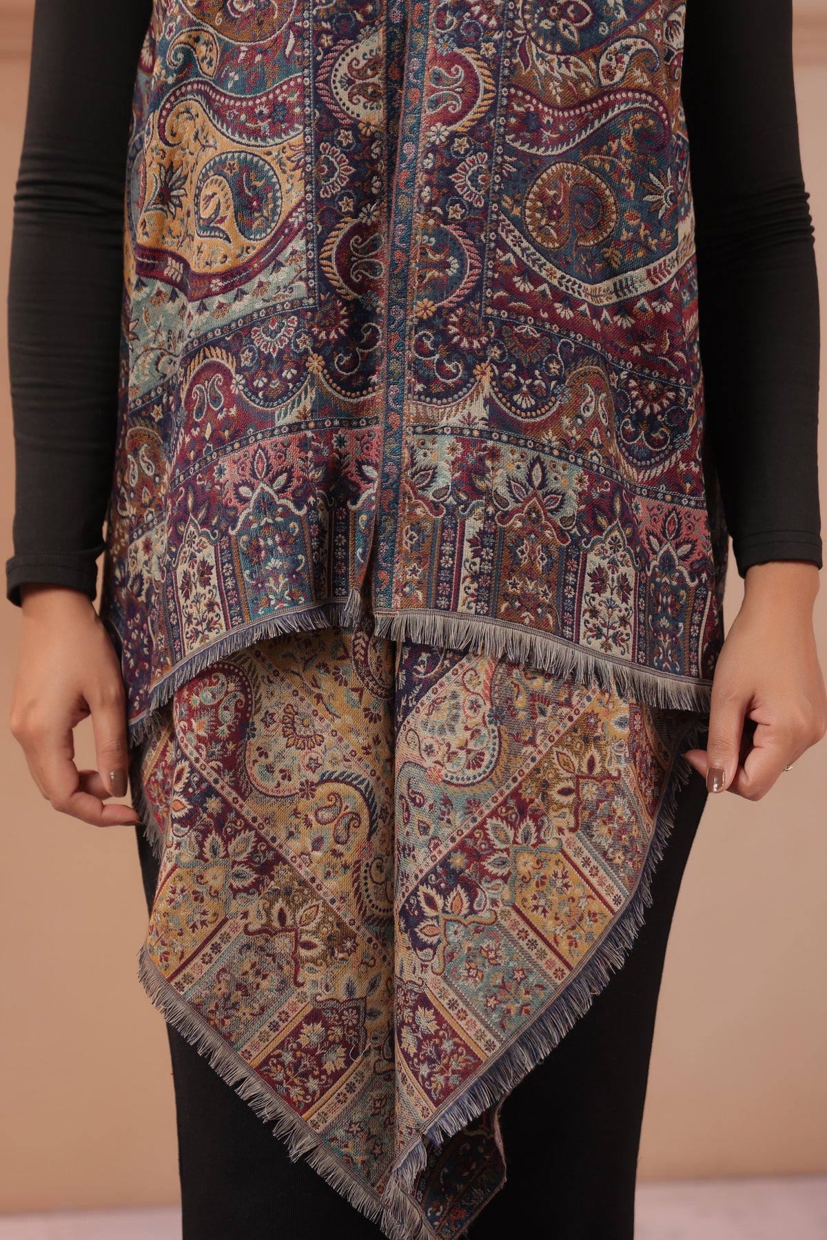 Women's Sleeveless Jamawar Pattern Shrug Cardigan | Blue Multicolour