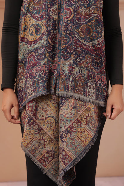 Women's Sleeveless Jamawar Pattern Shrug Cardigan | Blue Multicolour