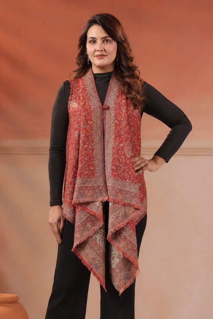 Women's Sleeveless Jamawar Pattern Shrug Cardigan | Red Multicolour