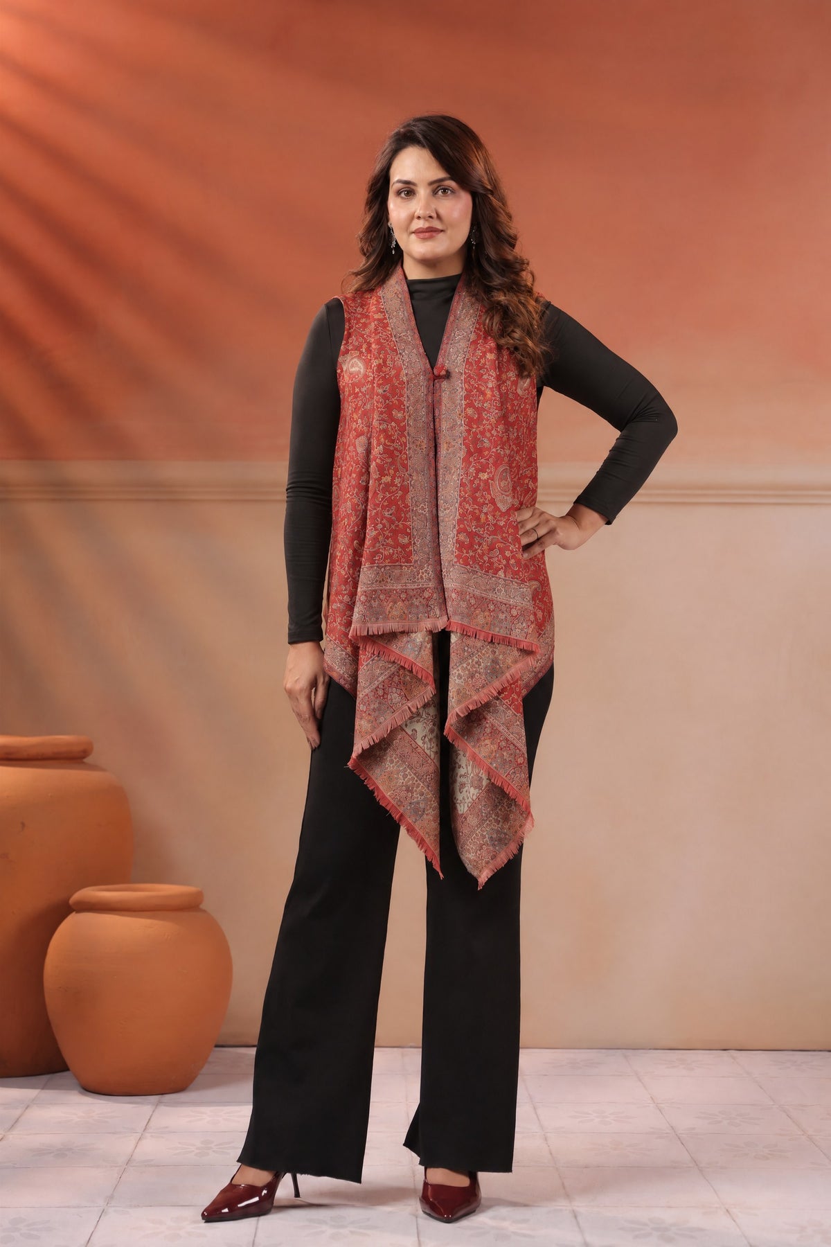 Women's Sleeveless Jamawar Pattern Shrug Cardigan | Red Multicolour