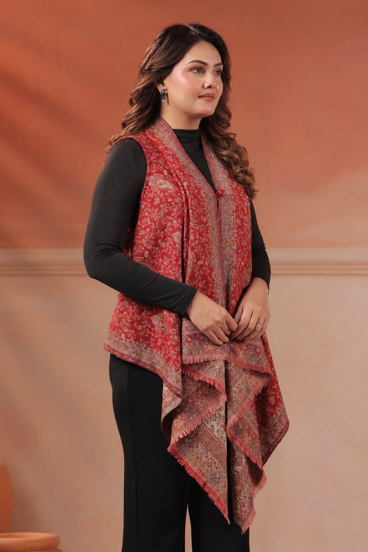 Women's Sleeveless Jamawar Pattern Shrug Cardigan | Red Multicolour