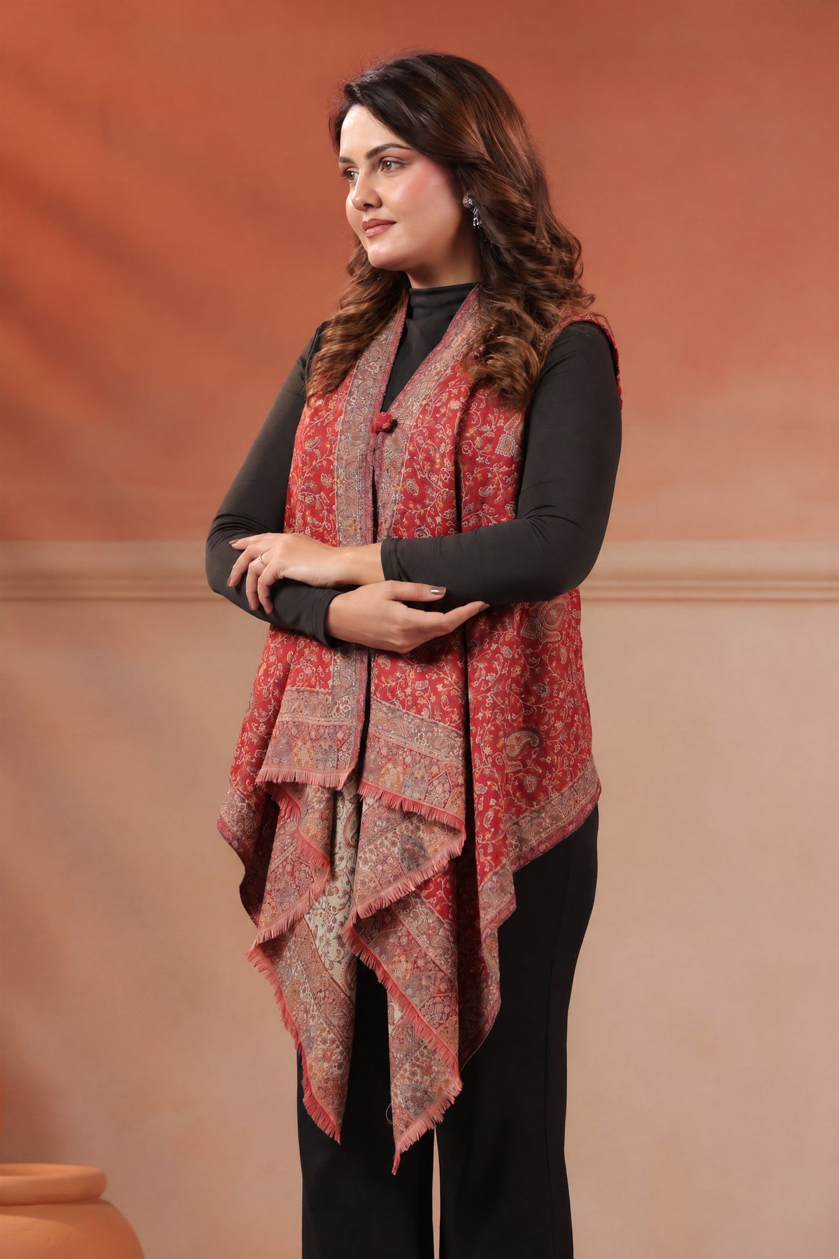 Women's Sleeveless Jamawar Pattern Shrug Cardigan | Red Multicolour