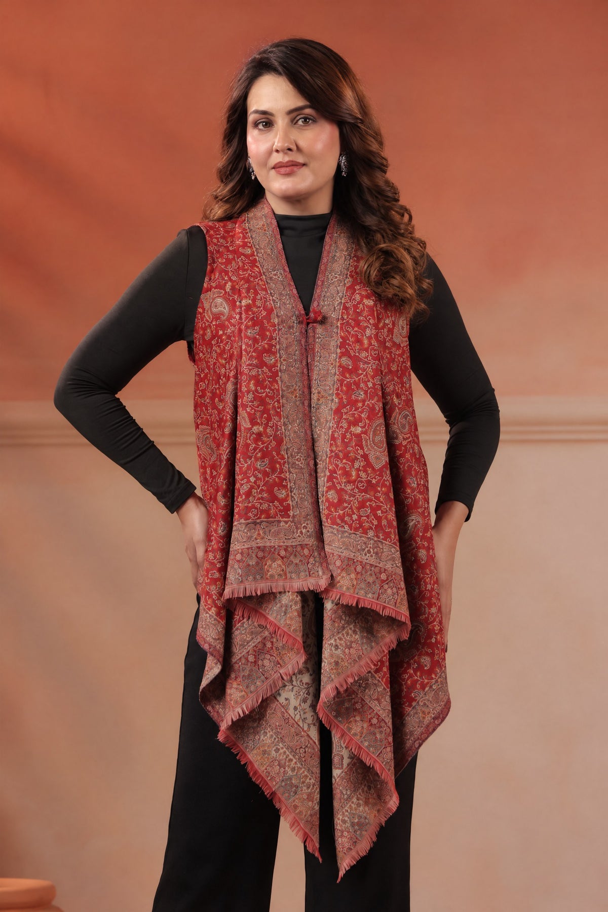 Women's Sleeveless Jamawar Pattern Shrug Cardigan | Red Multicolour