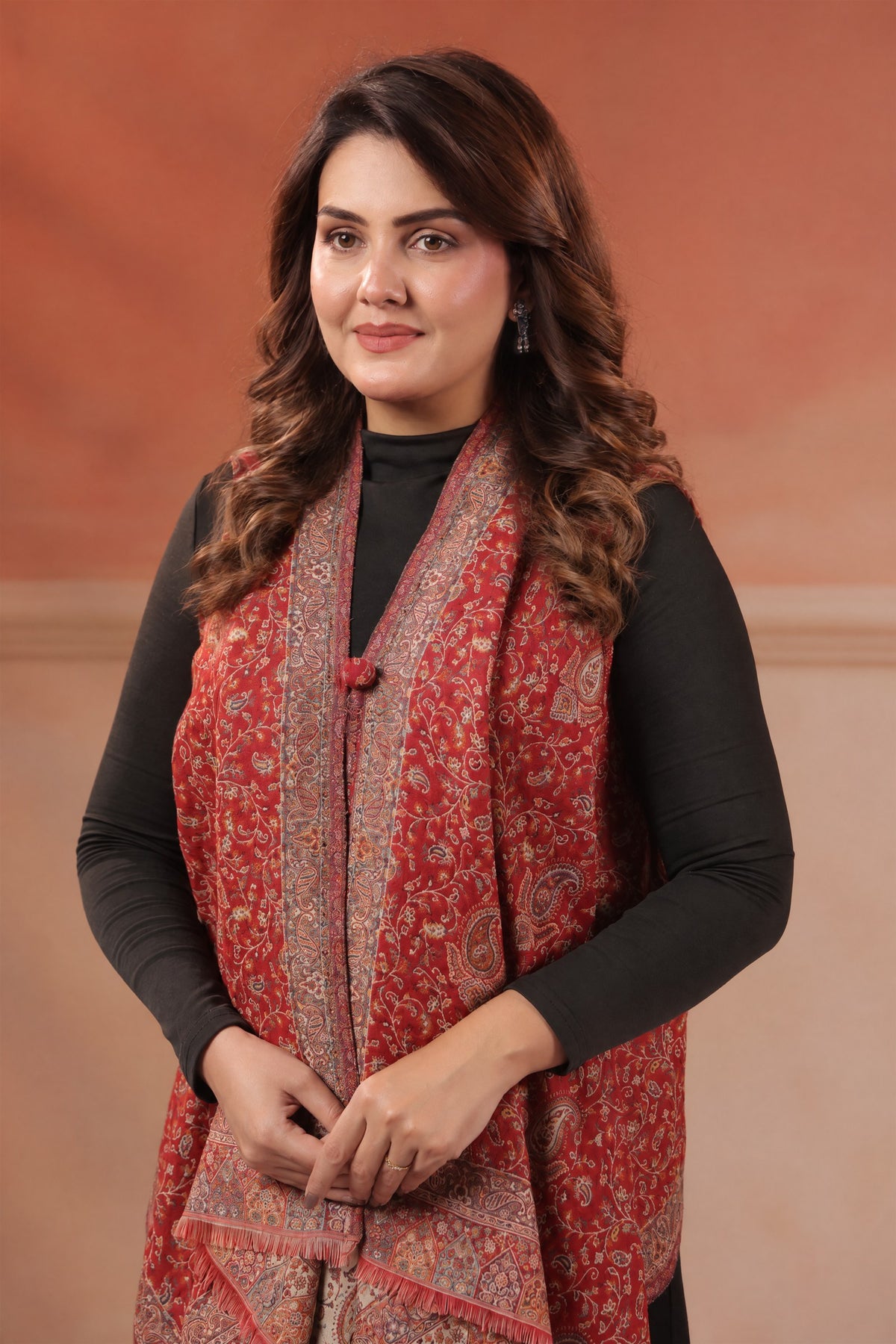Women's Sleeveless Jamawar Pattern Shrug Cardigan | Red Multicolour