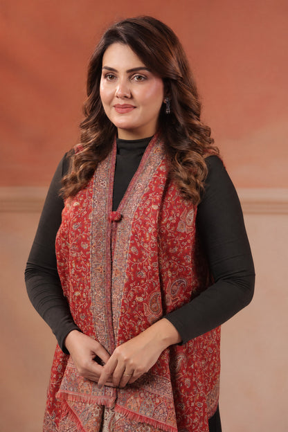 Women's Sleeveless Jamawar Pattern Shrug Cardigan | Red Multicolour