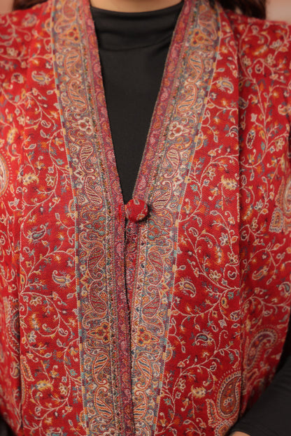 Women's Sleeveless Jamawar Pattern Shrug Cardigan | Red Multicolour