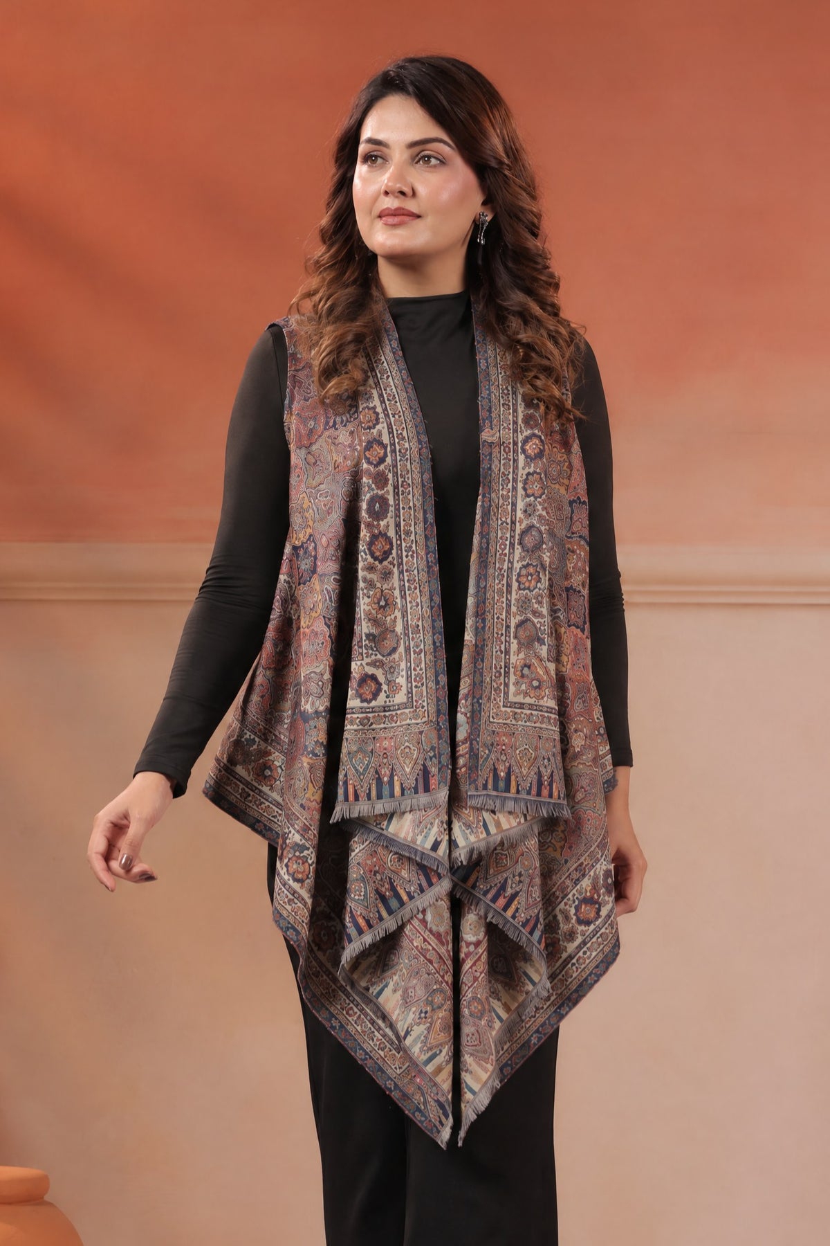Women's Sleeveless Jamawar Pattern Shrug Cardigan | Grey Multicolour