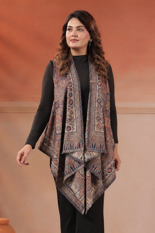 Women's Sleeveless Jamawar Pattern Shrug Cardigan | Grey Multicolour
