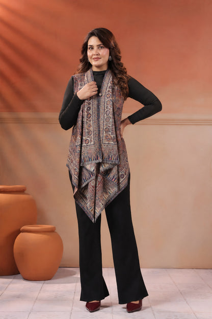Women's Sleeveless Jamawar Pattern Shrug Cardigan | Grey Multicolour