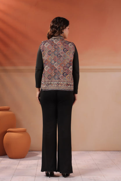 Women's Sleeveless Jamawar Pattern Shrug Cardigan | Grey Multicolour