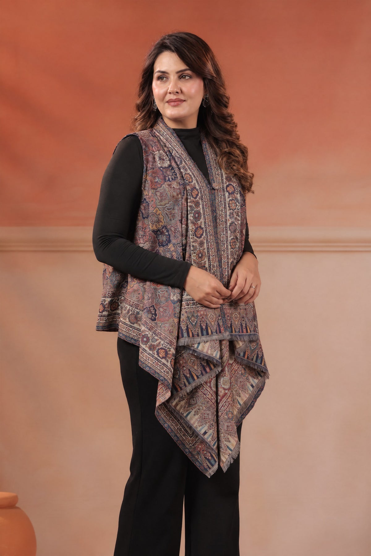 Women's Sleeveless Jamawar Pattern Shrug Cardigan | Grey Multicolour