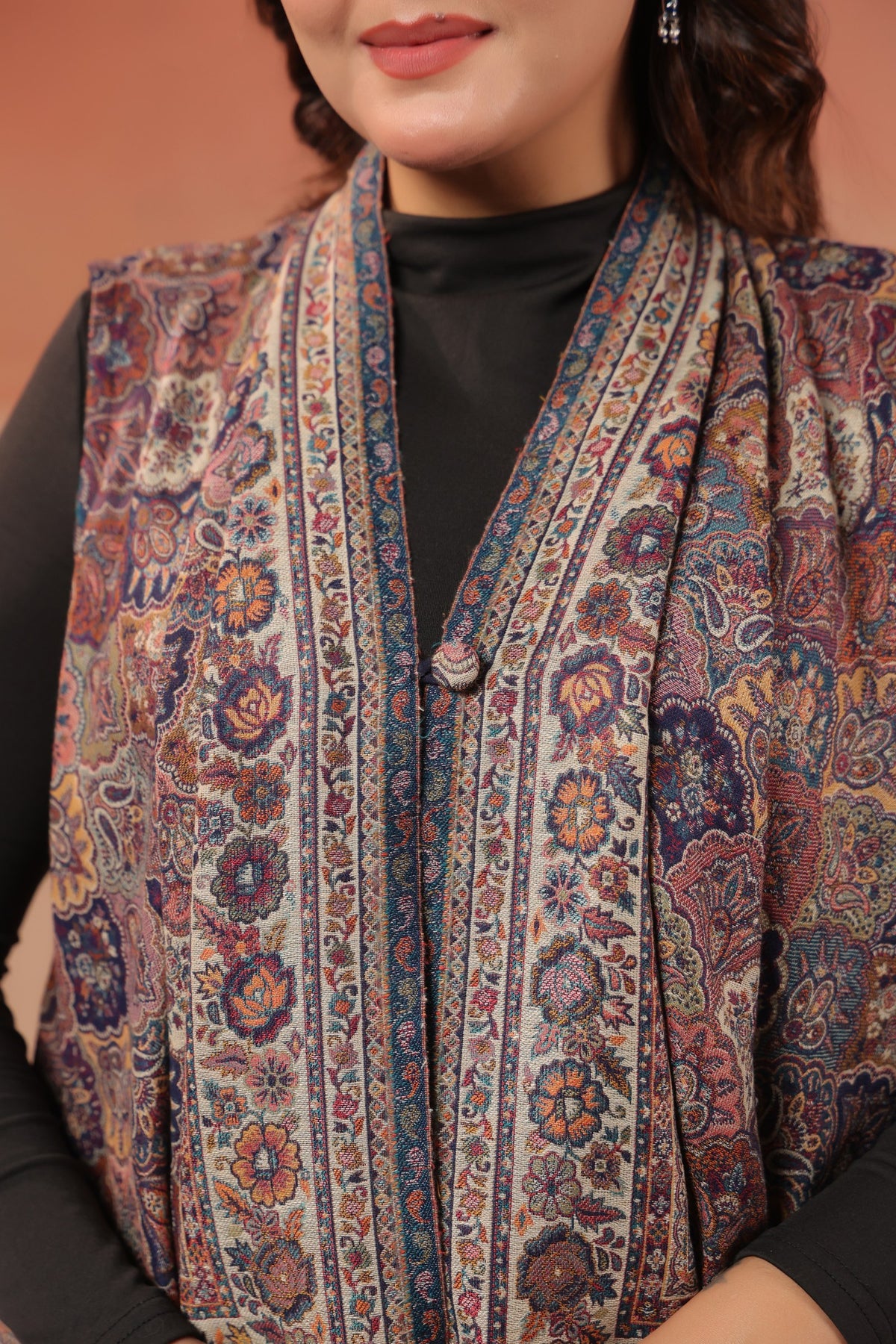 Women's Sleeveless Jamawar Pattern Shrug Cardigan | Grey Multicolour