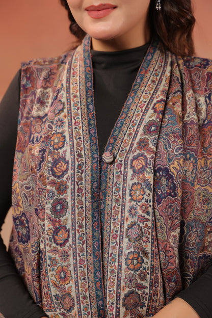 Women's Sleeveless Jamawar Pattern Shrug Cardigan | Grey Multicolour