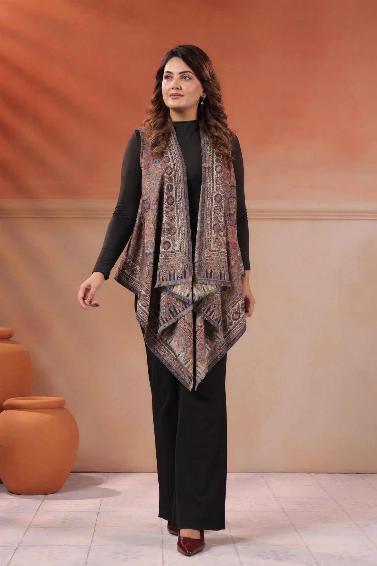Women's Sleeveless Jamawar Pattern Shrug Cardigan | Grey Multicolour