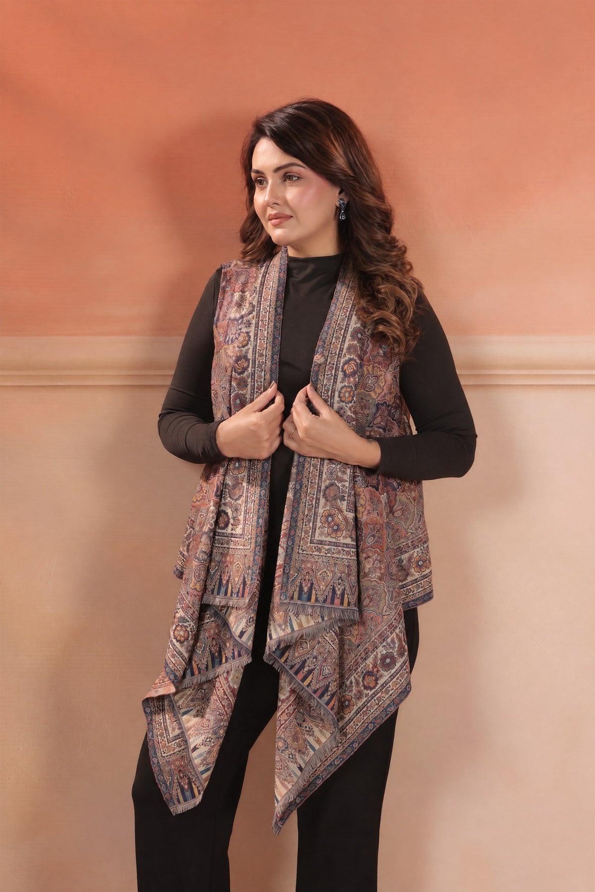 Women's Sleeveless Jamawar Pattern Shrug Cardigan | Grey Multicolour