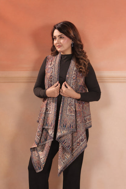 Women's Sleeveless Jamawar Pattern Shrug Cardigan | Grey Multicolour
