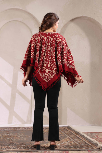 Woollen Poncho Top with Kashmiri Hand Embroidered Jaal and Inner Lining | Maroon