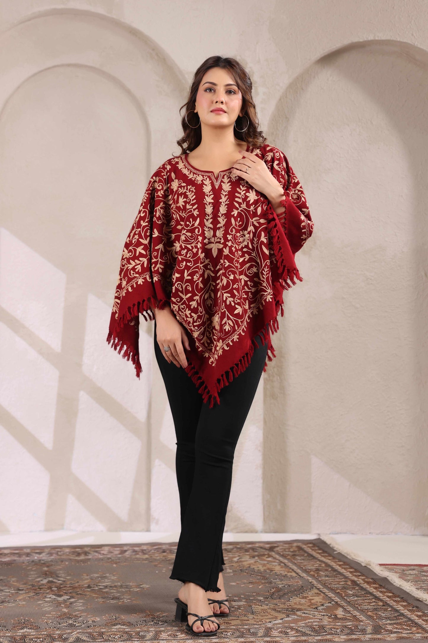 Woollen Poncho Top with Kashmiri Hand Embroidered Jaal and Inner Lining | Maroon