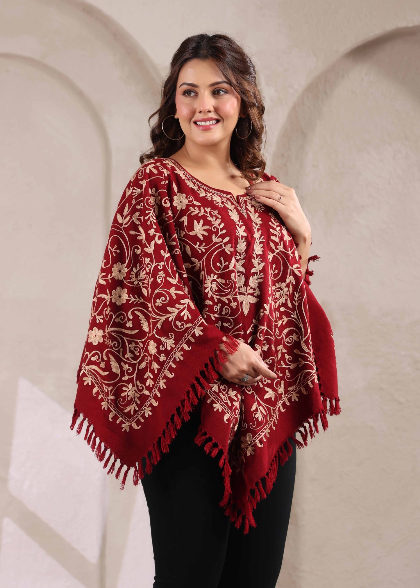Woollen Poncho Top with Kashmiri Hand Embroidered Jaal and Inner Lining | Maroon