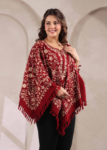Woollen Poncho Top with Kashmiri Hand Embroidered Jaal and Inner Lining | Maroon
