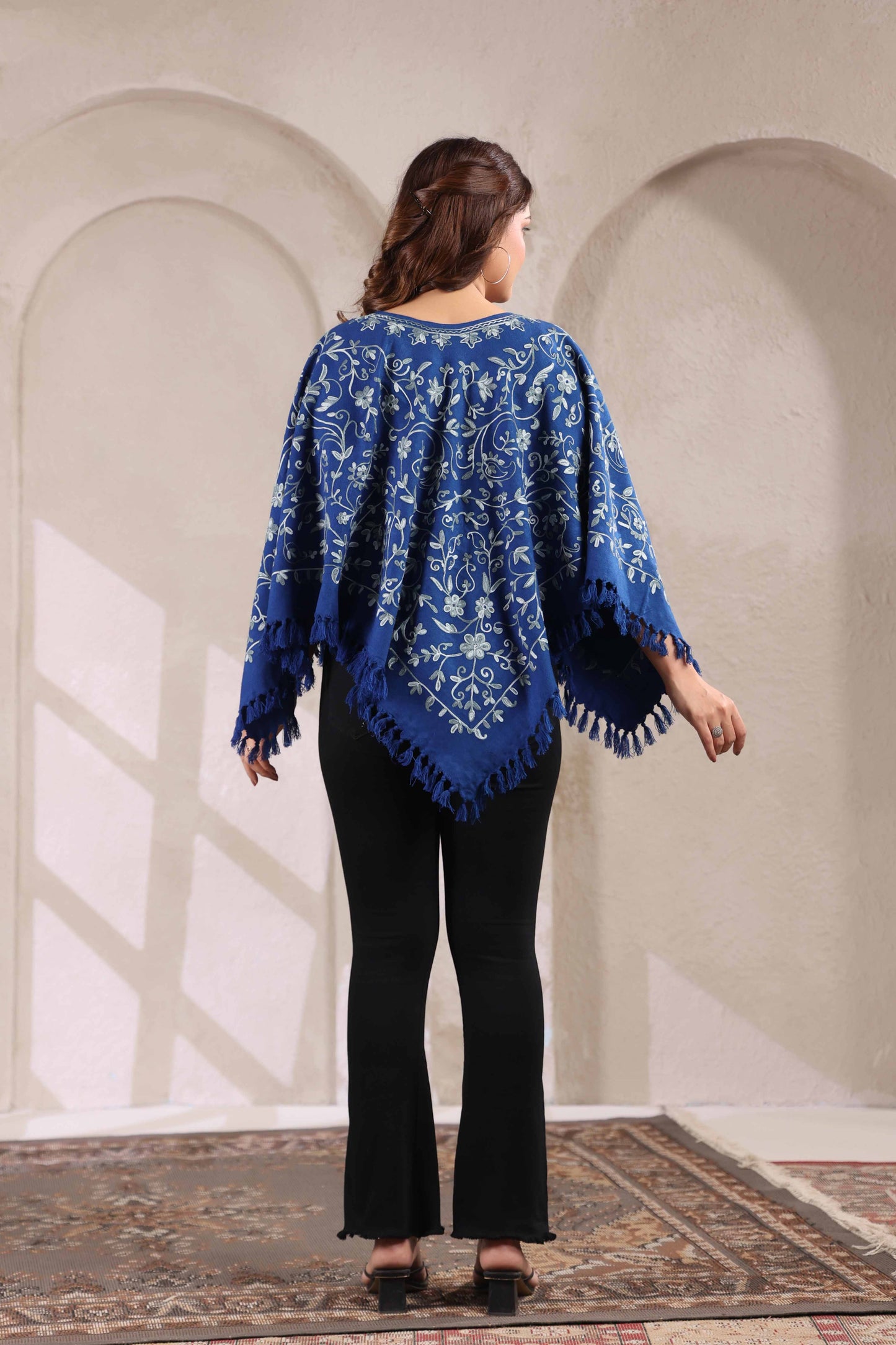 Woollen Poncho Top with Kashmiri Hand Embroidered Jaal and Inner Lining | Blue