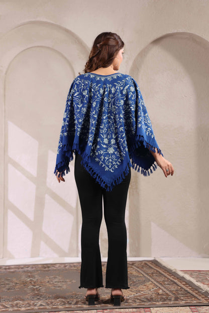 Woollen Poncho Top with Kashmiri Hand Embroidered Jaal and Inner Lining | Blue