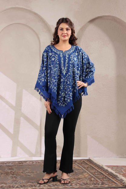 Woollen Poncho Top with Kashmiri Hand Embroidered Jaal and Inner Lining | Blue