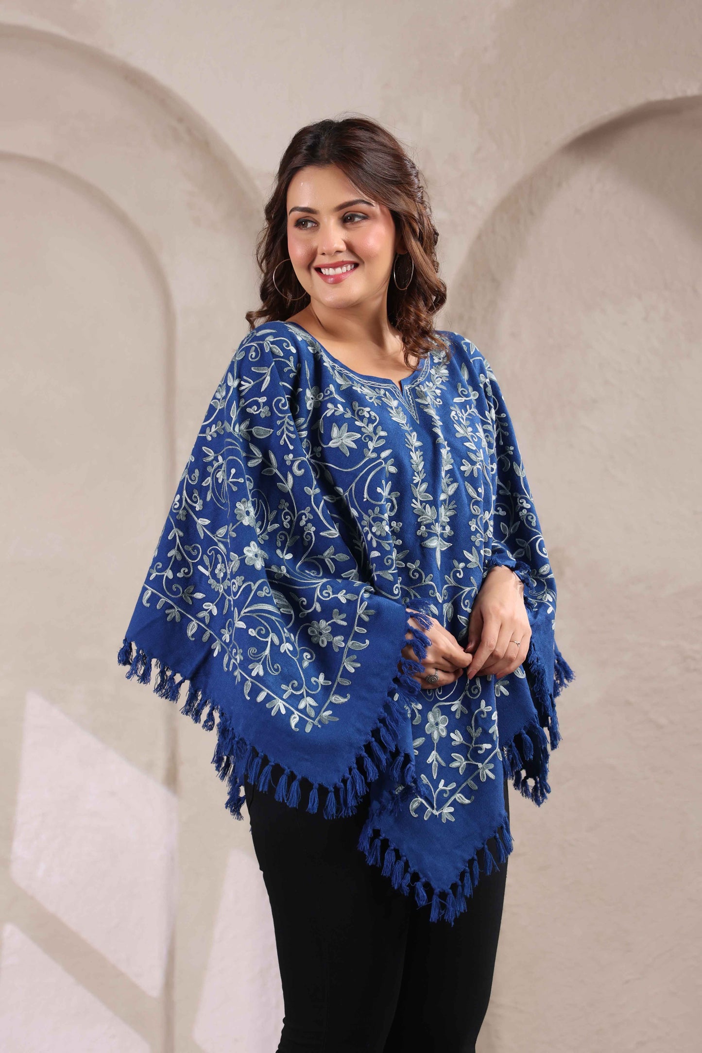 Woollen Poncho Top with Kashmiri Hand Embroidered Jaal and Inner Lining | Blue