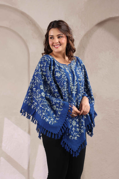 Woollen Poncho Top with Kashmiri Hand Embroidered Jaal and Inner Lining | Blue