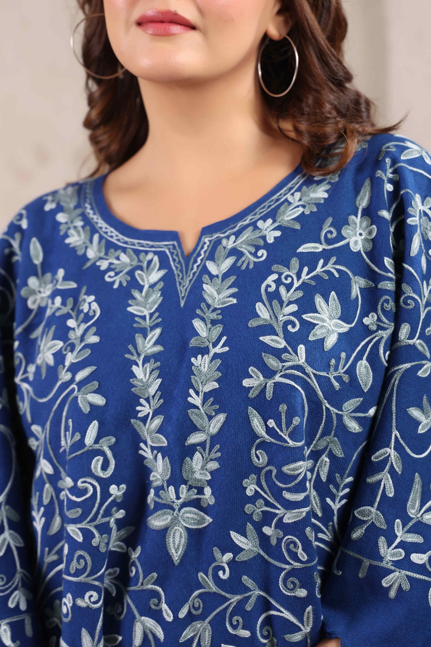 Woollen Poncho Top with Kashmiri Hand Embroidered Jaal and Inner Lining | Blue
