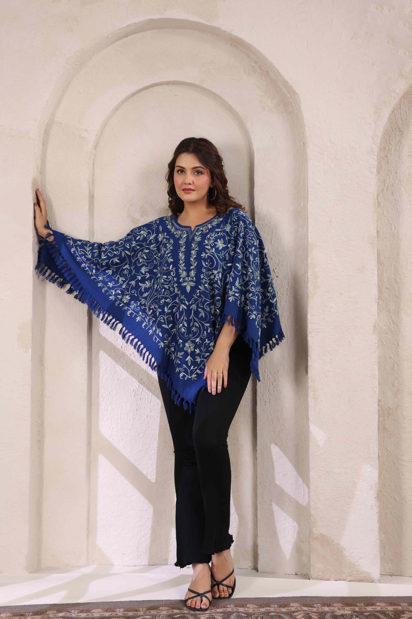 Woollen Poncho Top with Kashmiri Hand Embroidered Jaal and Inner Lining | Blue