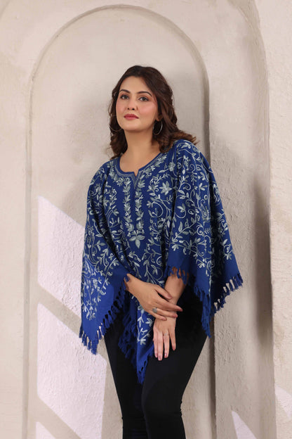 Woollen Poncho Top with Kashmiri Hand Embroidered Jaal and Inner Lining | Blue