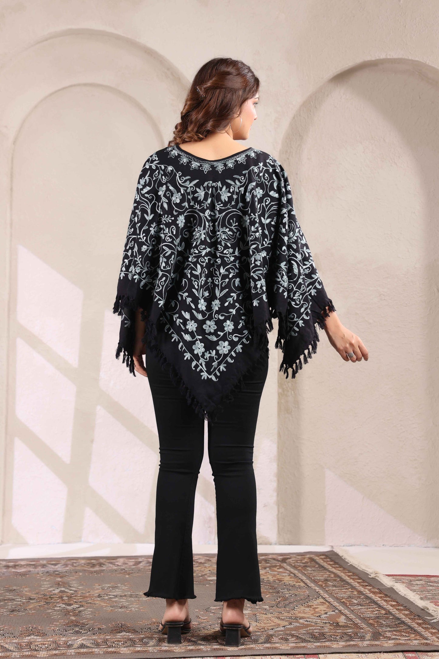 Woollen Poncho Top with Kashmiri Hand Embroidered Jaal and Inner Lining | Black