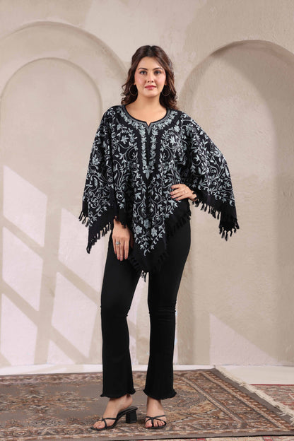 Woollen Poncho Top with Kashmiri Hand Embroidered Jaal and Inner Lining | Black
