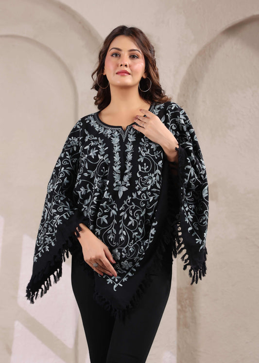 Woollen Poncho Top with Kashmiri Hand Embroidered Jaal and Inner Lining | Black