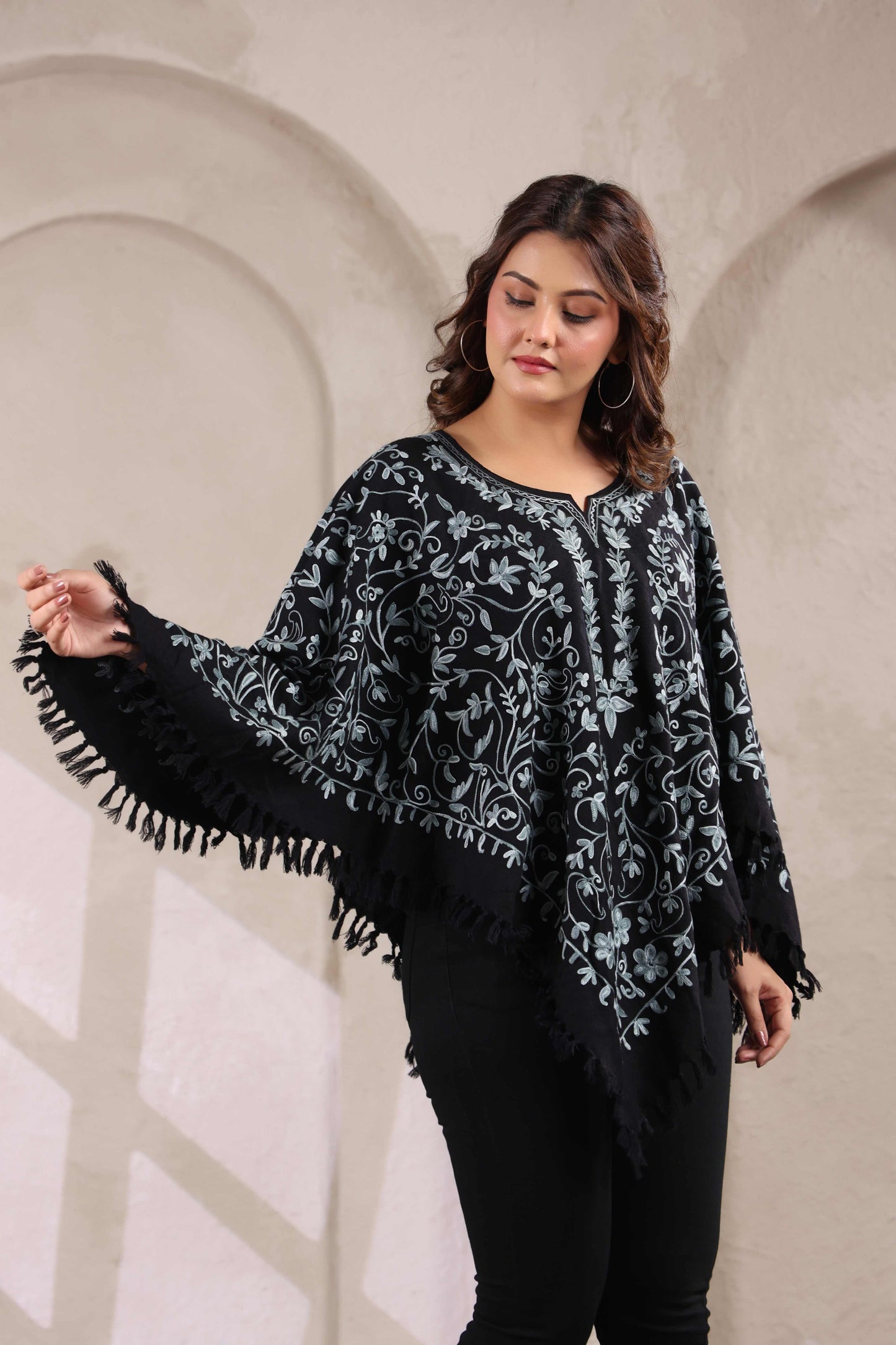 Woollen Poncho Top with Kashmiri Hand Embroidered Jaal and Inner Lining | Black