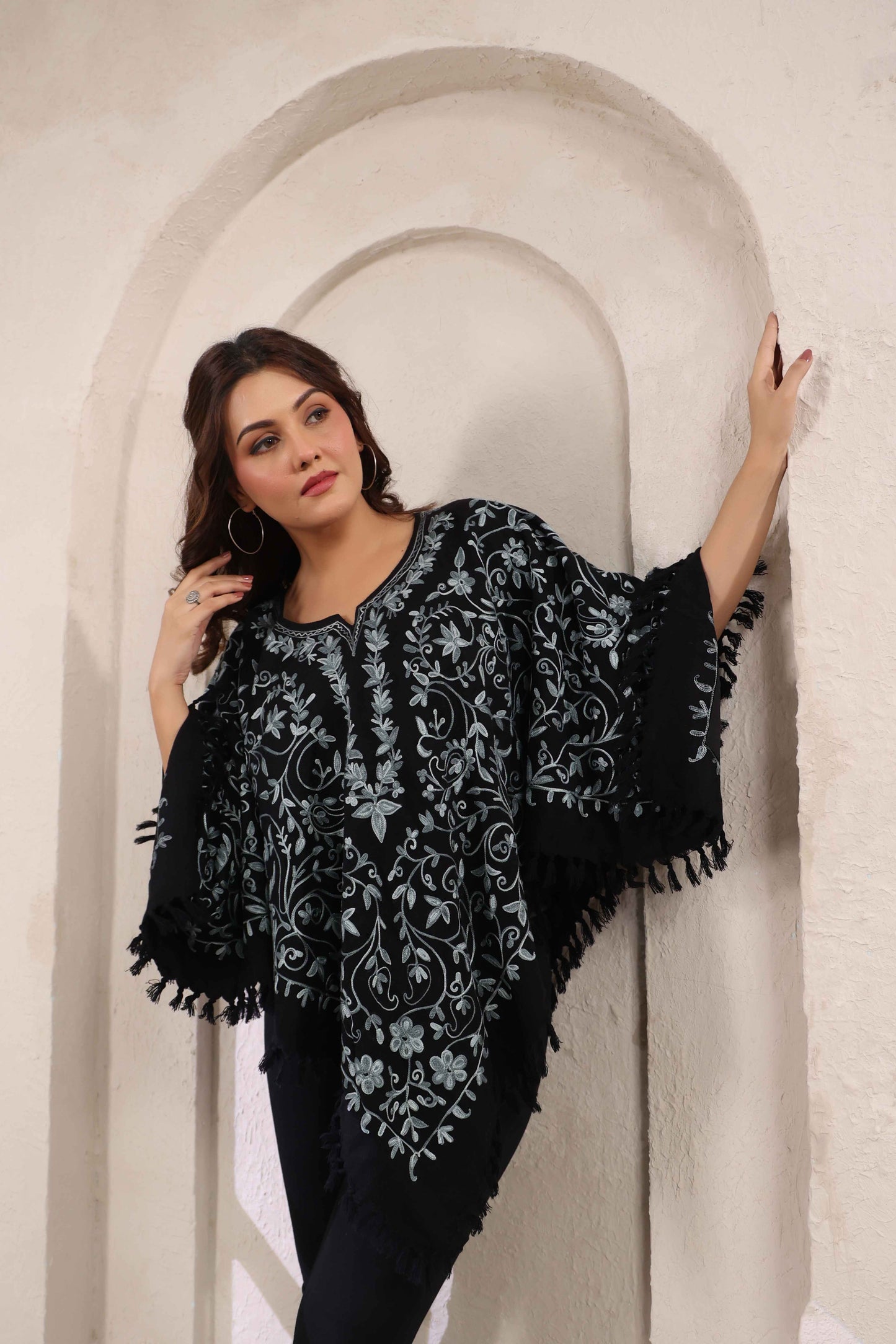 Woollen Poncho Top with Kashmiri Hand Embroidered Jaal and Inner Lining | Black