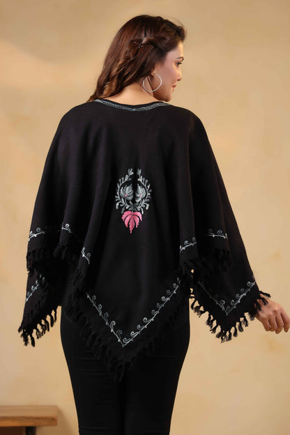 Woollen Poncho Top with Kashmiri Chinar Neck Hand Embroidery  and Inner Lining | Black