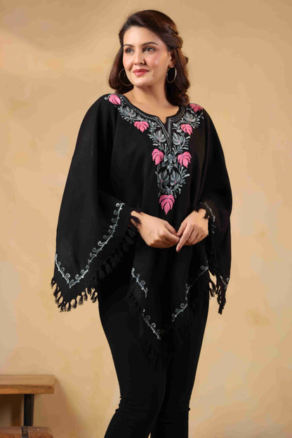 Woollen Poncho Top with Kashmiri Chinar Neck Hand Embroidery  and Inner Lining | Black