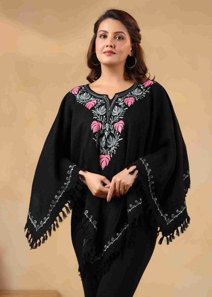 Woollen Poncho Top with Kashmiri Chinar Neck Hand Embroidery  and Inner Lining | Black