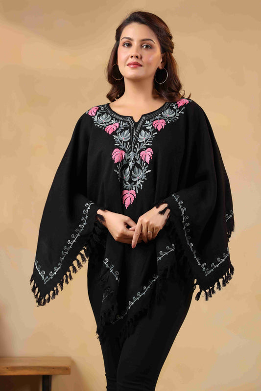 Woollen Poncho Top with Kashmiri Chinar Neck Hand Embroidery  and Inner Lining | Black