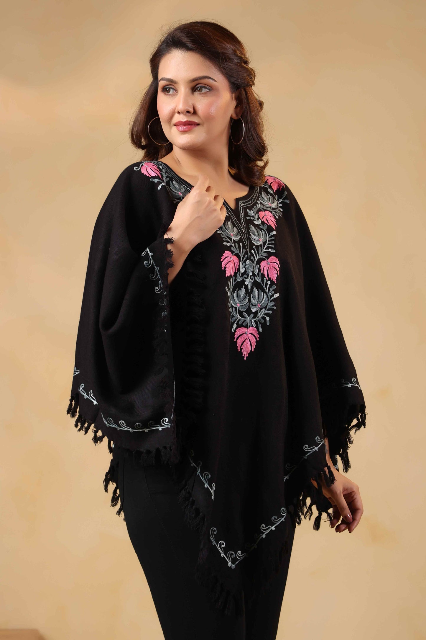 Woollen Poncho Top with Kashmiri Chinar Neck Hand Embroidery  and Inner Lining | Black