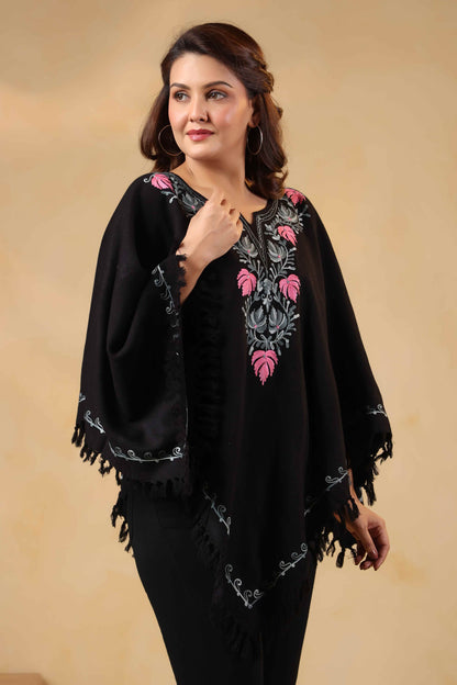 Woollen Poncho Top with Kashmiri Chinar Neck Hand Embroidery  and Inner Lining | Black