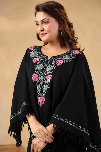 Woollen Poncho Top with Kashmiri Chinar Neck Hand Embroidery  and Inner Lining | Black