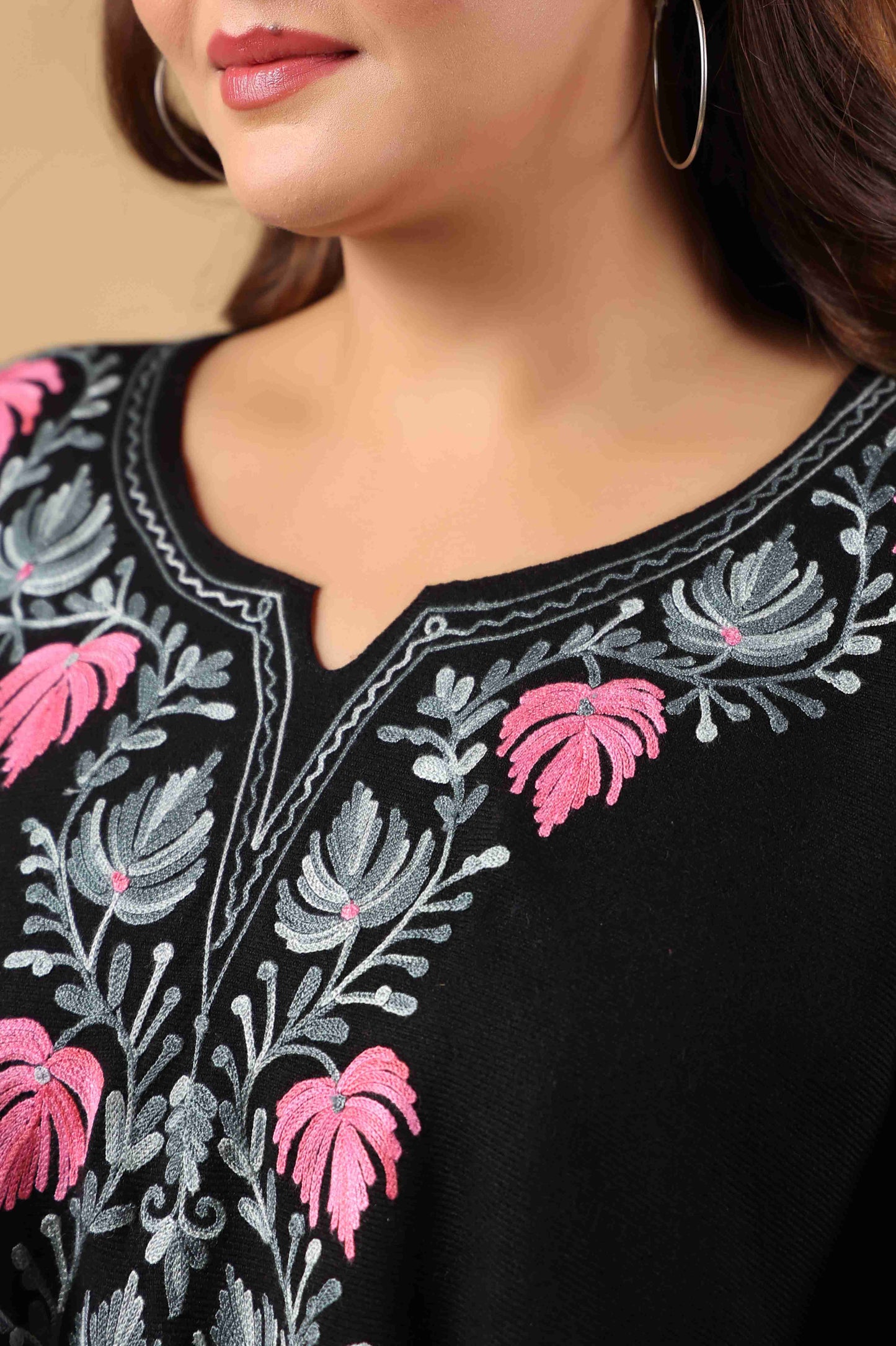 Woollen Poncho Top with Kashmiri Chinar Neck Hand Embroidery  and Inner Lining | Black
