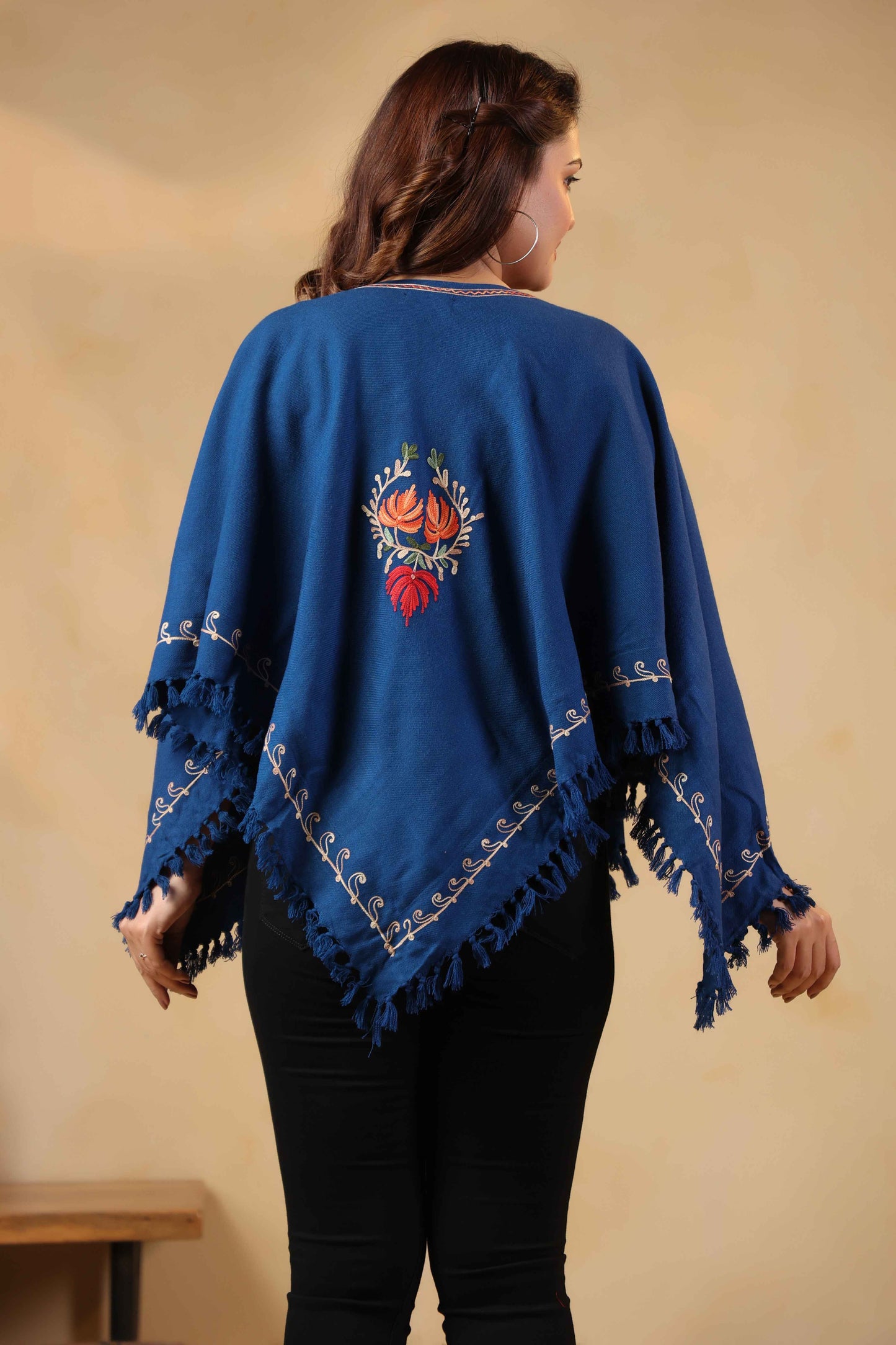 Woollen Poncho Top with Kashmiri Chinar Neck Hand Embroidery  and Inner Lining | Blue - view 2